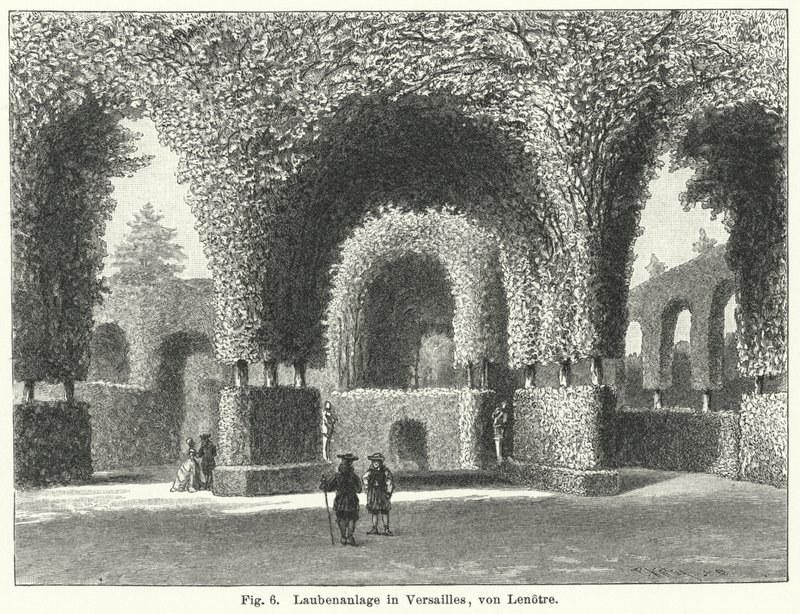Tuinontwerp: prielen in de tuinen van Versailles, Frankrijk, aangelegd door Andre le Notre in de 17e eeuw (gravure) door German School