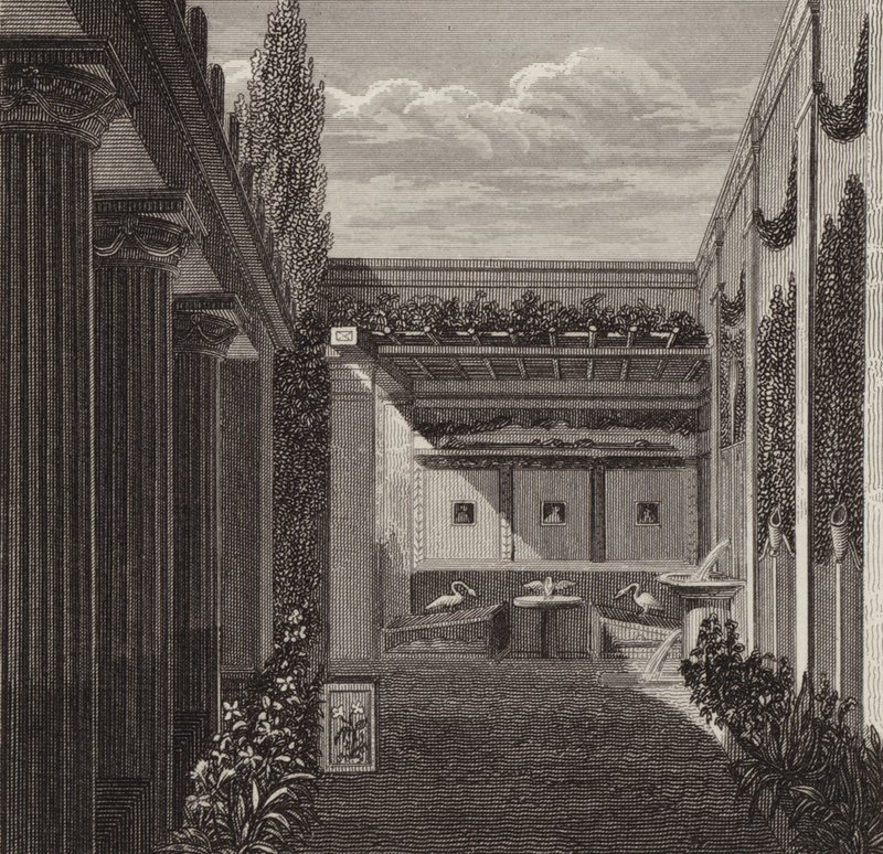Tuin van een Romeins huis. Illustratie voor Bilder-Atlas door German School