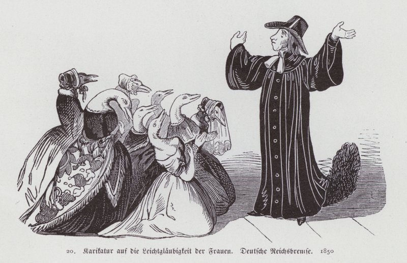 Duitse cartoon over de goedgelovigheid van vrouwen door German School