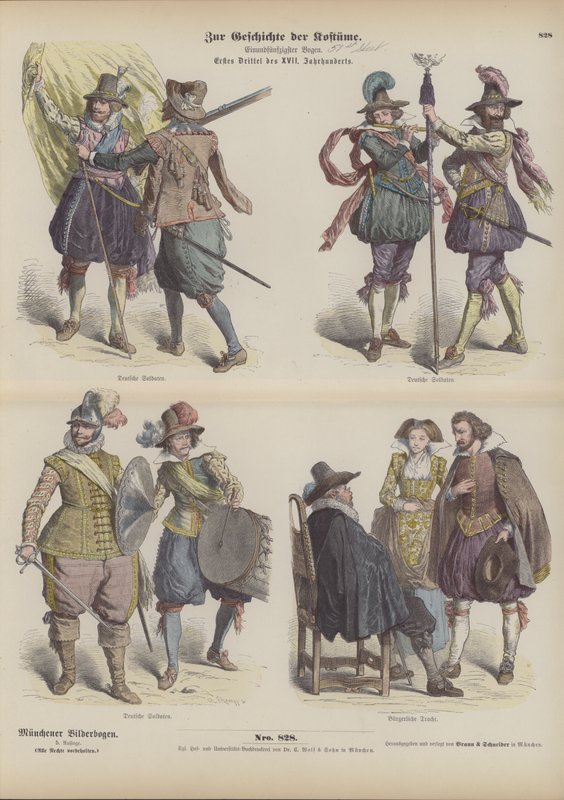 Duitse militaire en burgerlijke kostuums, begin 17e eeuw (gekleurde gravure) door German School