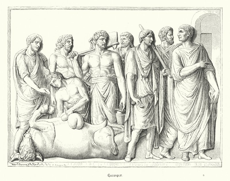 Haruspex die de ingewanden bestudeert van een geofferd dier in het oude Rome (gravure) door German School