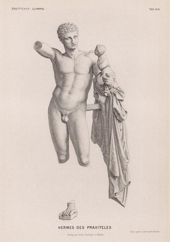 Hermes en de baby Dionysus, beeldhouwwerk toegeschreven aan Praxiteles opgegraven in Olympia, Griekenland door German School