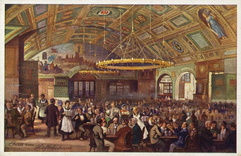 Hofbrauhaus, München (kleurenlitho) door German School