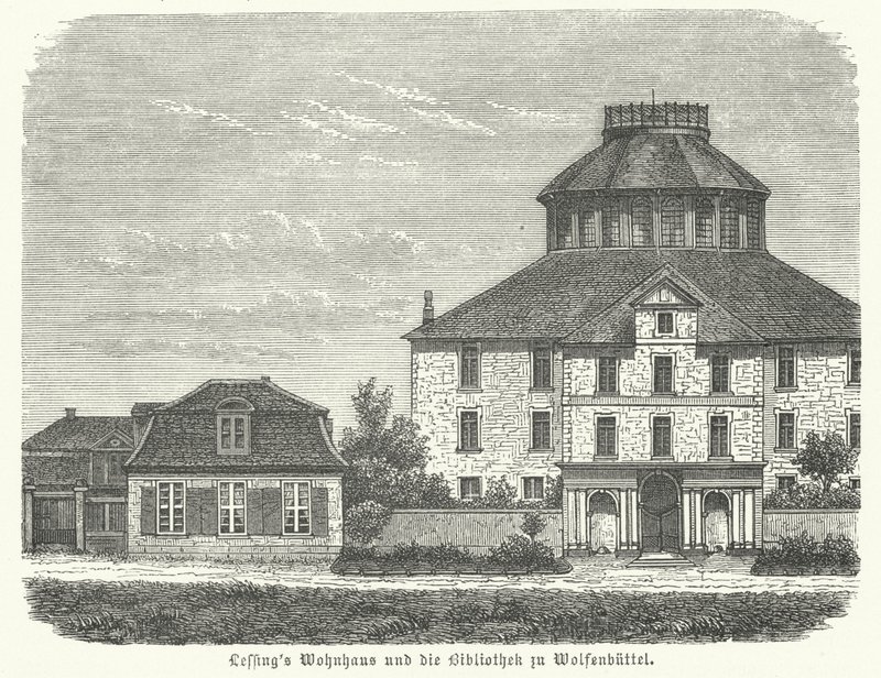 Huis van de Duitse filosoof en dramaturg Gotthold Ephraim Lessing en de bibliotheek in Wolfenbuettel (gravure) door German School