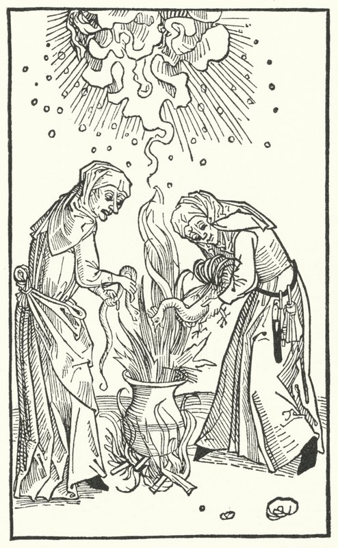Illustratie uit een verhandeling van Ulrich Molitor over waarzeggende vrouwen en hekserij (gravure) door German School