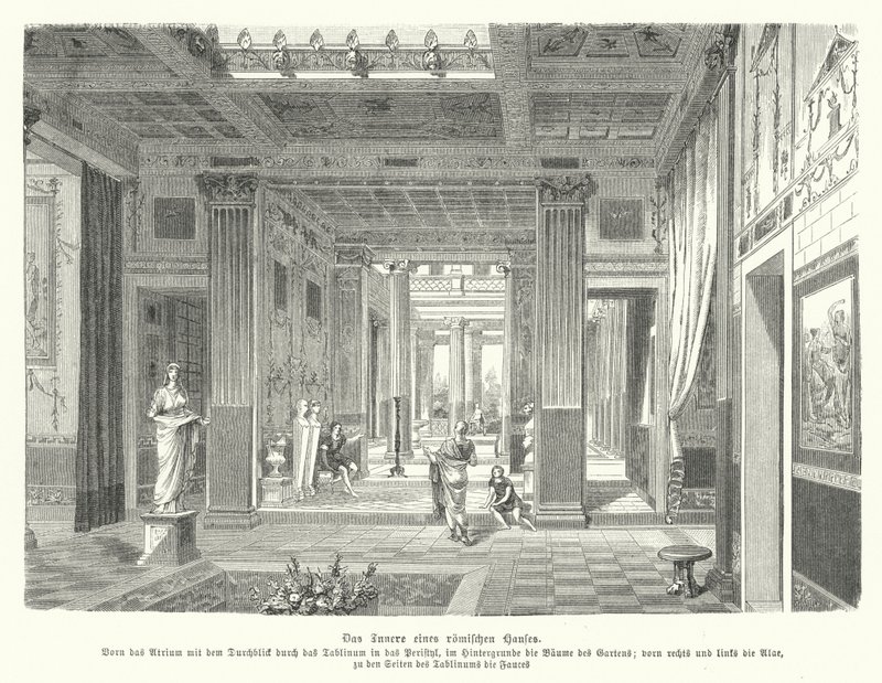 Interieur van een Romeins huis (gravure) door German School
