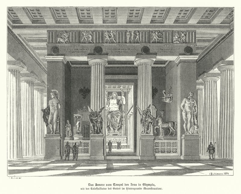 Interieur van de Tempel van Zeus in Olympia, Oud Griekenland door German School
