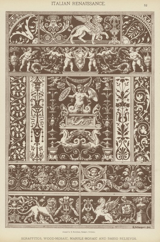Italiaanse Renaissance, Sgraffito, Houtmozaïek, Marmermozaïek en Bas-reliëfs door German School