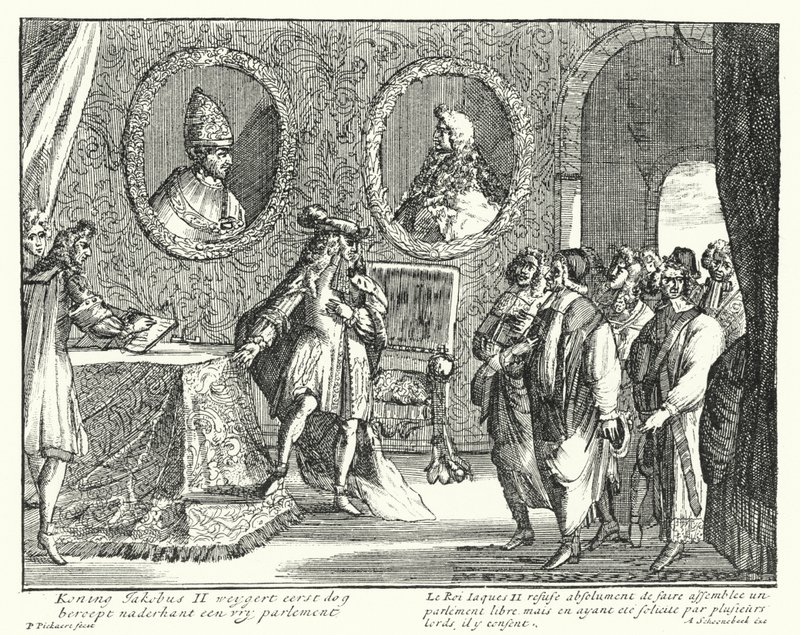 Jacob II van Engeland weigert het parlement te laten zitting nemen (gravure) door German School