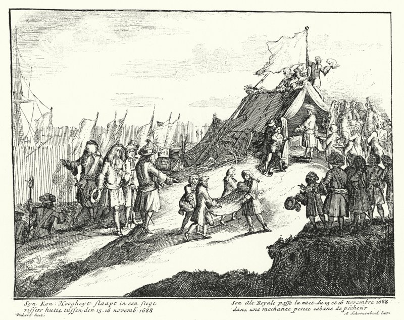 James II van Engeland brengt de nacht van 15/16 november 1688 door in de hut van een arme visser (gravure) door German School