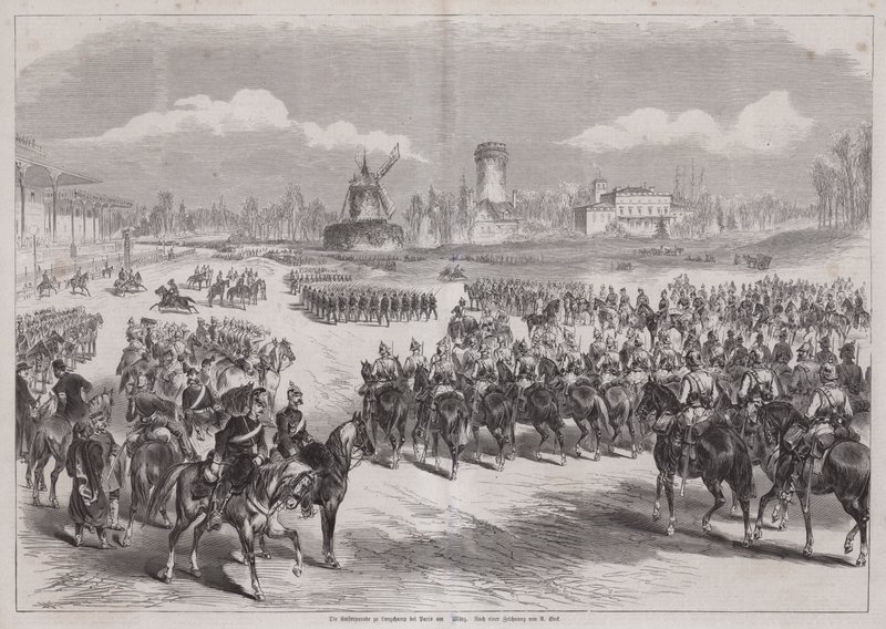 Kaiser Wilhelm I van Duitsland kijkt naar zijn legerparade in Longchamp, Parijs, Frankrijk, maart 1871 door German School