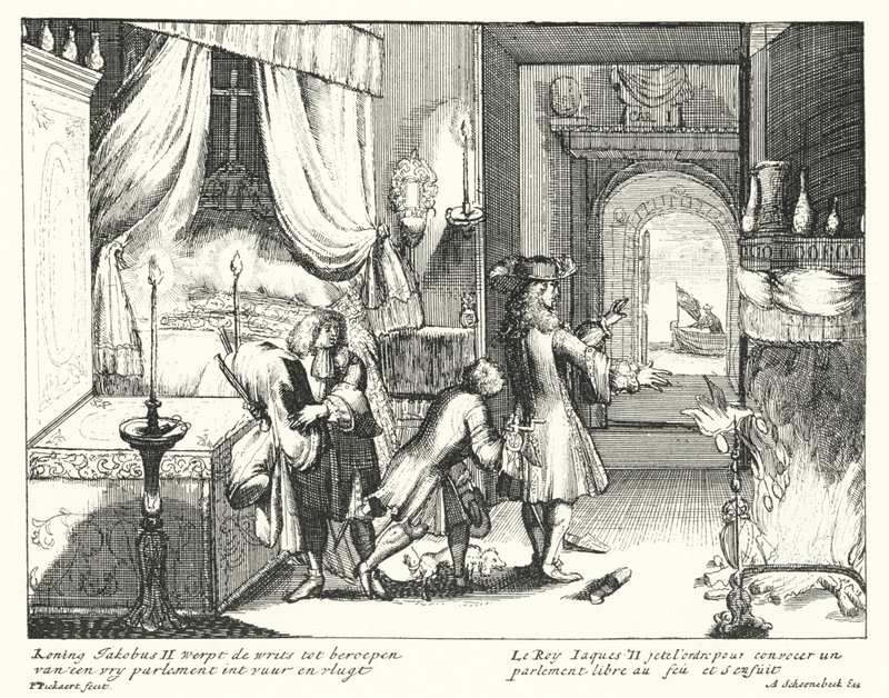 Koning James II van Engeland verbrandt het bevel om het Parlement bijeen te roepen en vlucht door German School