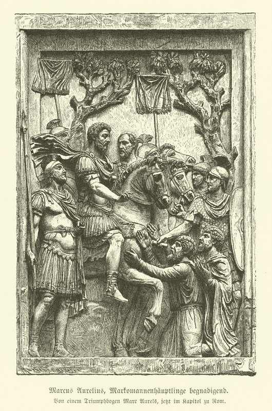 Marcus Aurelius vergeeft Marcomannische stamhoofden (gravure) door German School