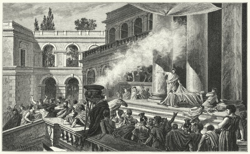 Marcus Antonius veroorzaakt een oproer met zijn redevoering bij de begrafenis van Julius Caesar, 44 v.Chr. door German School