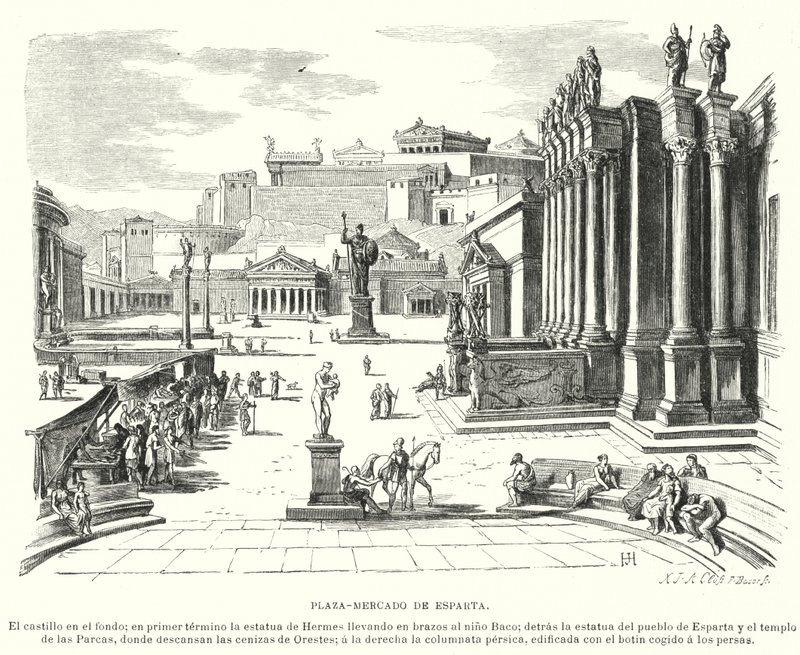 Marktplaats van Sparta, Oud-Griekenland (litho) door German School