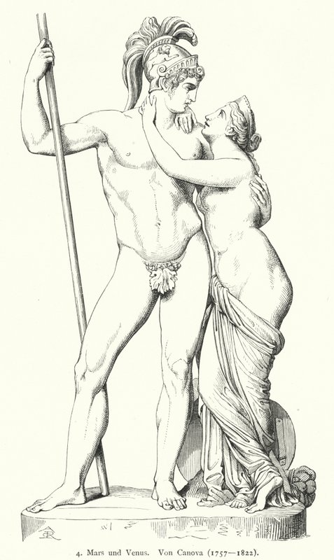 Mars en Venus, marmeren sculptuur door Italiaanse neoklassieke beeldhouwer Antonio Canova (gravure) door German School