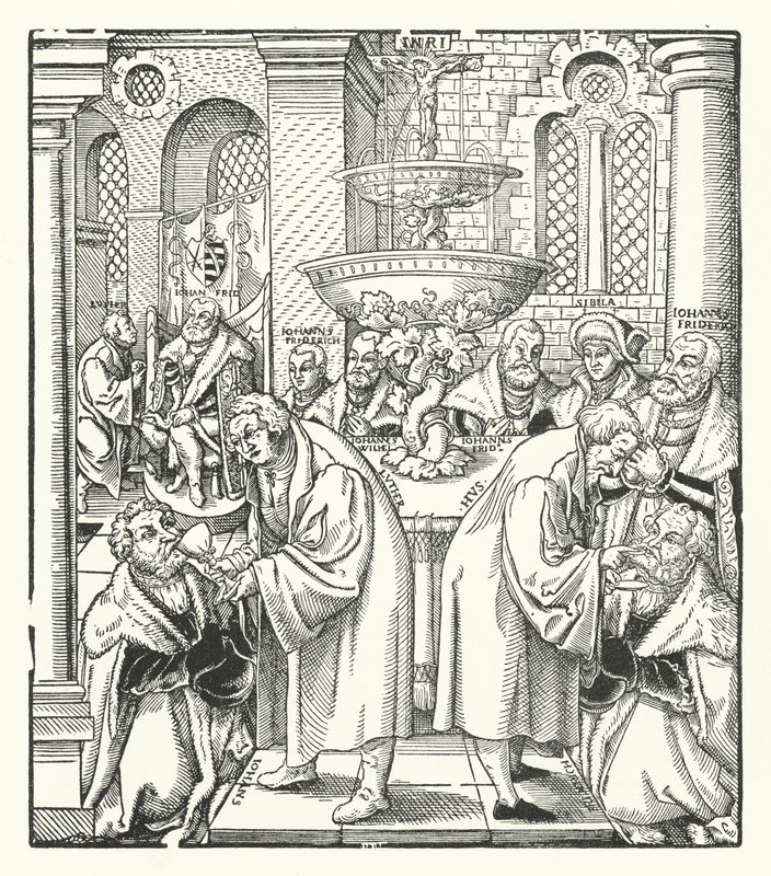 Maarten Luther en Jan Hus dienen de Heilige Communie toe aan de Saksische koninklijke familie door German School
