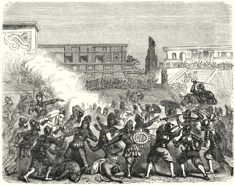 Bloedbad van Azteekse krijgers en edelen in Cholula door de Spaanse conquistadores van Hernan Cortes door German School
