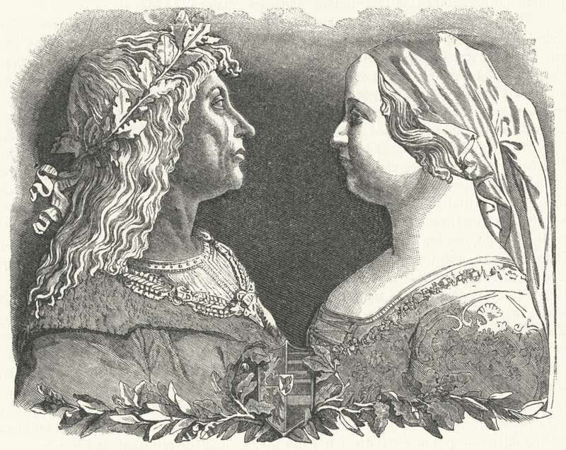 Matthias Corvinus, Koning van Hongarije, en zijn koningin, Beatrice van Napels (gravure) door German School