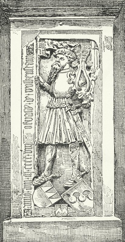 Gedenksteen in de kathedraal van Brixen van de Duitse dichter en diplomaat Oswald von Wolkenstein (gravure) door German School