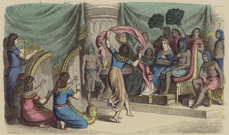 Muzikanten en dansers optreden voor de Farao in het Oude Egypte door German School
