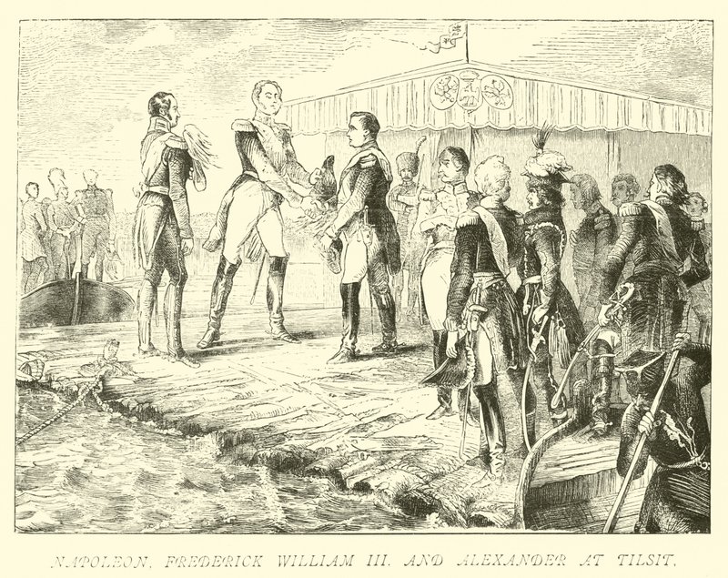 Napoleon, Frederik Willem III en Alexander bij Tilsit door German School