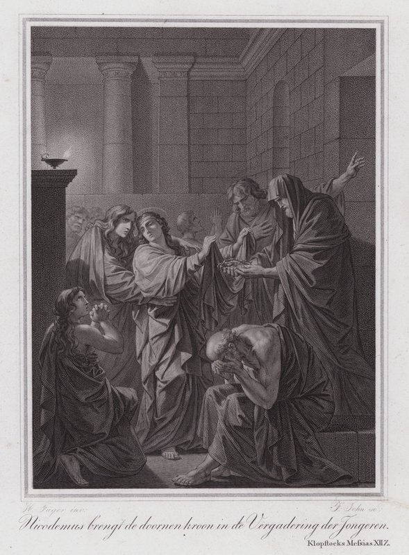 Nicodemus brengt de doornenkroon in de vergadering van jongeren (gravure) door German School
