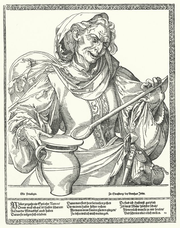 Oude vrouw met een kruik en lepel (gravure) door German School