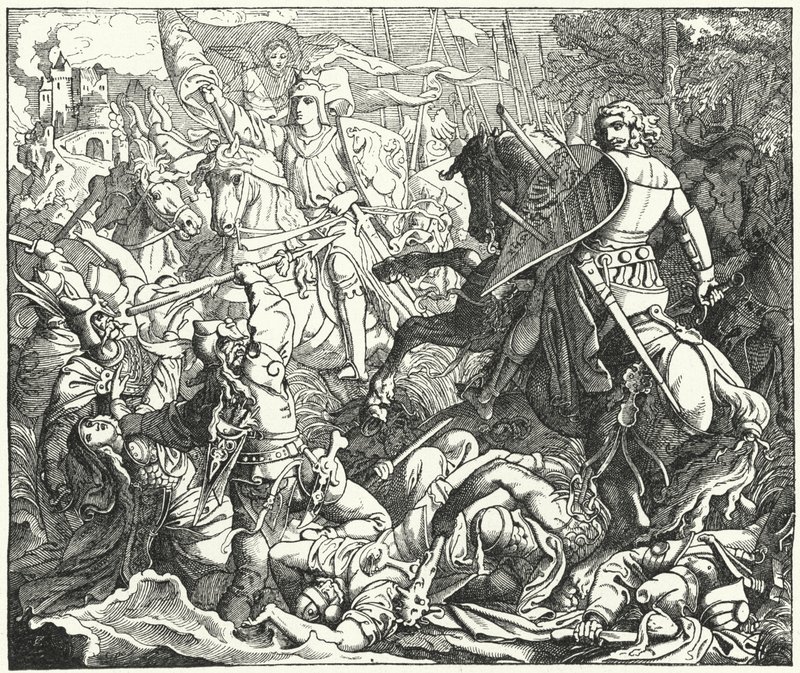 Otto I van Duitsland verslaat de Magyaren in de Slag bij Lechfeld, 955 door German School