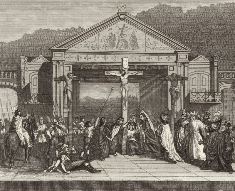 Passiespel in Oberammergau, Beieren, Duitsland. Illustratie voor Bilder-Atlas (gravure) door German School