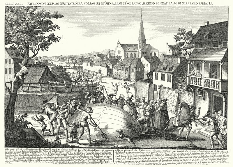 Boeren die de ballon van Jacques Charles en de gebroeders Robert aanvallen nadat deze op 27 augustus 1783 in Gonesse was geland door German School