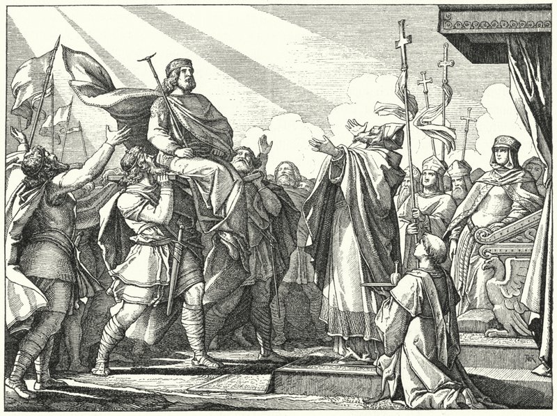 Pepijn de Korte uitgeroepen tot koning van de Franken, 751 (gravure) door German School