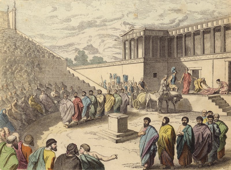 Opvoering van het toneelstuk Agamemnon in een theater in het Oude Griekenland door German School