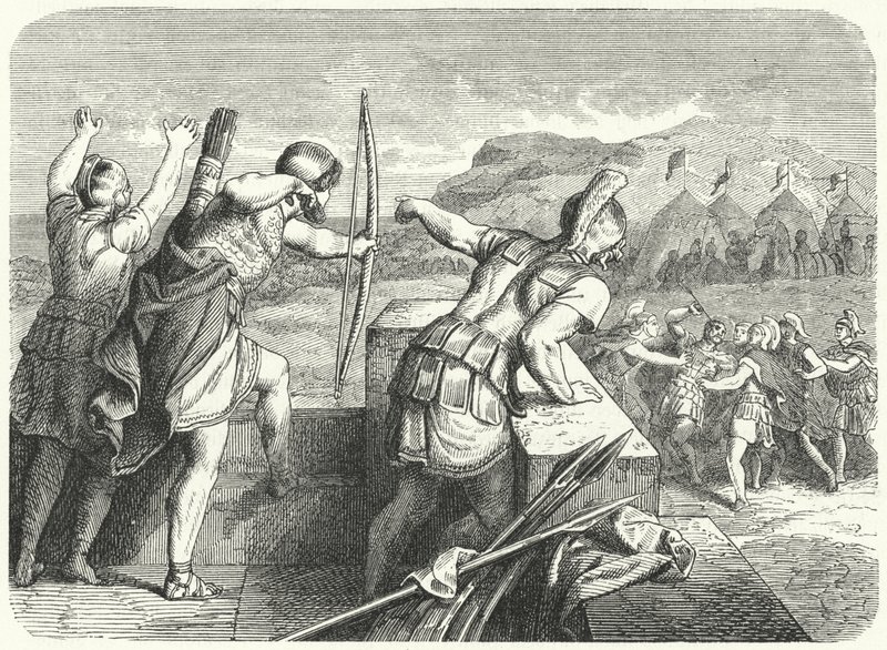 Filip II van Macedonië gewond in het oog bij de Belegering van Methone, 355 v.Chr. (gravure) door German School
