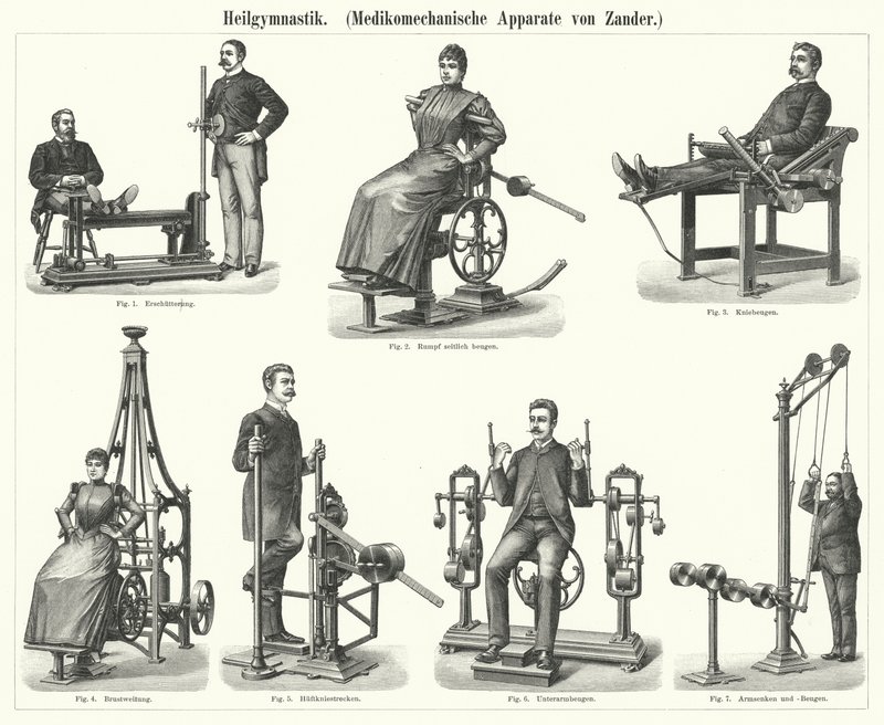 Fysiotherapie: mechanotherapie-apparaat uitgevonden door de Zweedse arts en orthopeed Gustav Zander door German School