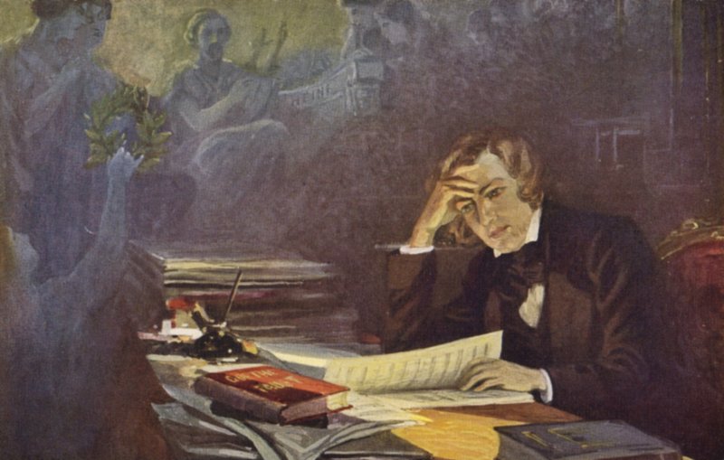 Portret van Robert Schumann (kleurenlitho) door German School