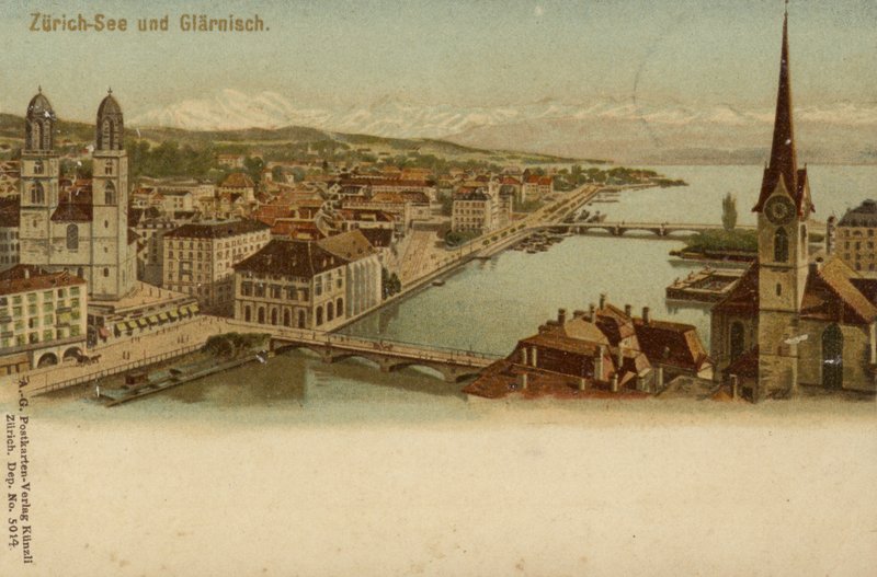 Ansichtkaart met een algemeen uitzicht op de stad Zürich door German School
