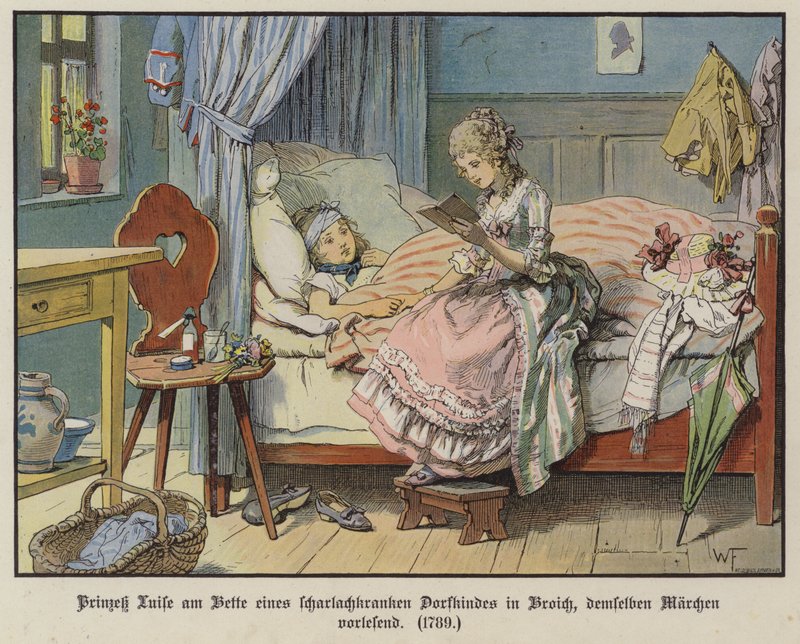 Prinses Louise van Mecklenburg-Strelitz leest aan het bed van een ziek dorpsmeisje in Broich door German School