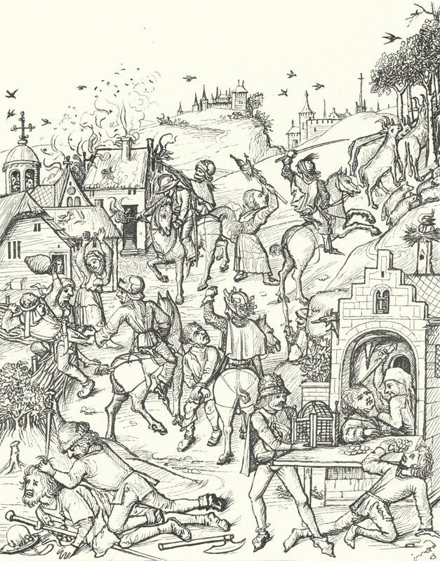 Verwoesting en plundering van een dorp (gravure) door German School