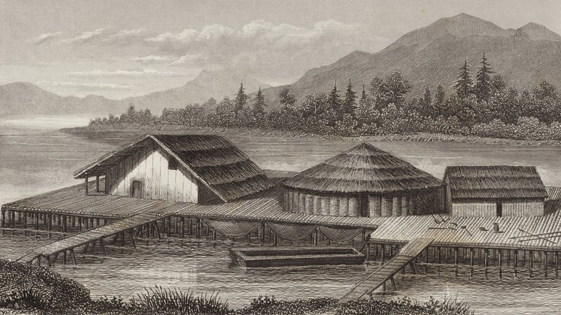 Reconstructie van een oud meer dorp. Illustratie voor Bilder-Atlas door German School