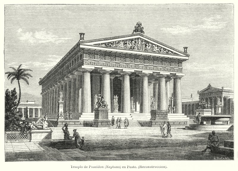 Reconstructie van de oude Griekse tempel van Poseidon, Paestum, Italië door German School