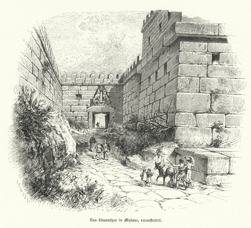 Reconstructie van de Leeuwenpoort, ingang van de citadel van Mycene, Griekenland door German School