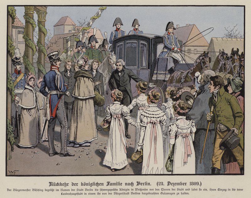 Terugkeer van de Pruisische koninklijke familie naar Berlijn, 23 december 1809 (kleur litho) door German School