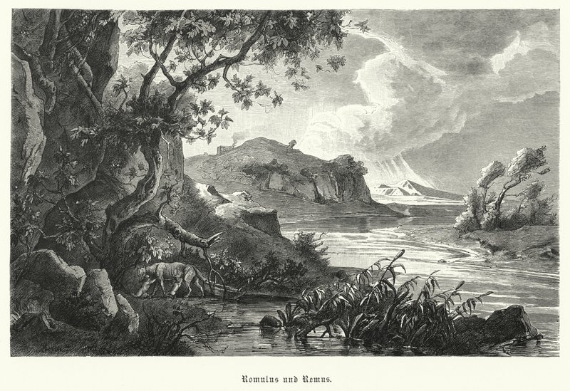 Romulus en Remus, legendarische stichters van het oude Rome, gezoogd door de wolvin in de wildernis door German School