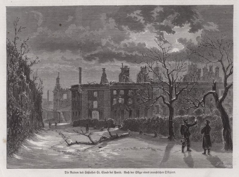 Ruïnes van het Chateau de Saint-Cloud, Parijs, vernietigd door Pruisische beschietingen in 1870 tijdens de Frans-Pruisische Oorlog door German School