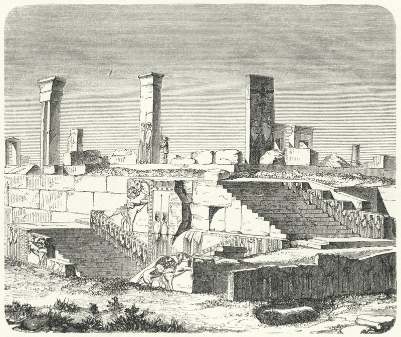 Ruïnes van het paleis van Xerxes in Persepolis (gravure) door German School