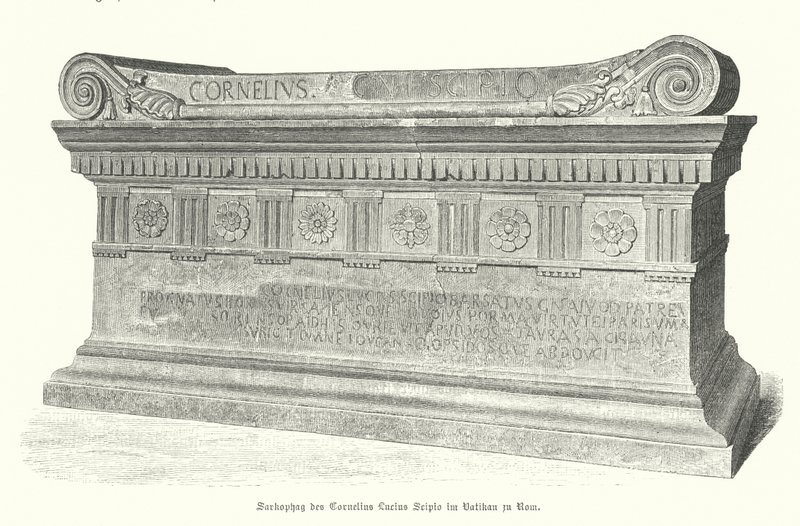 Sarcophagus van Romeinse soldaat en consul Lucius Cornelius Scipio Barbatus in het Vaticaan, Rome (gravure) door German School
