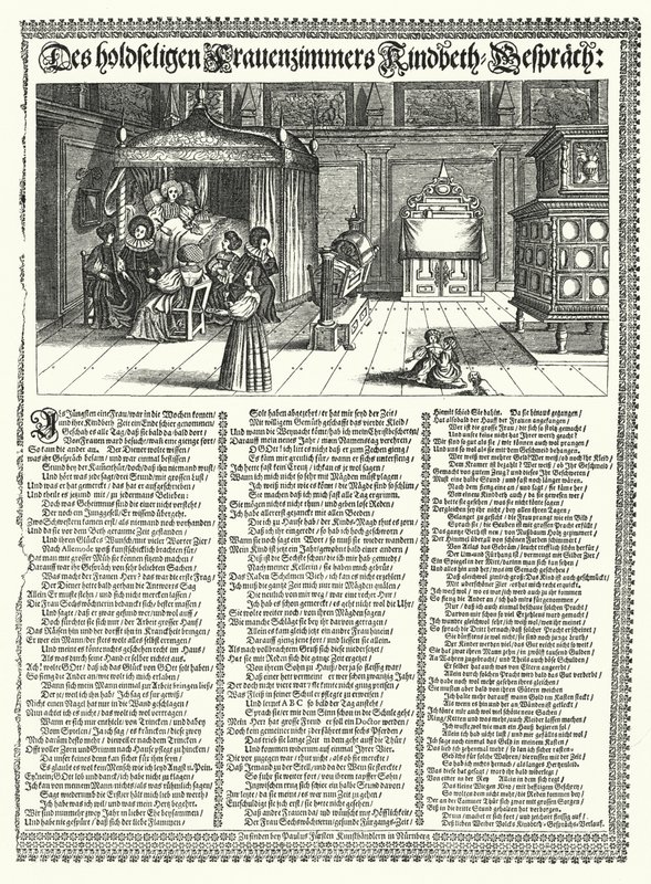 Satirisch gedicht over het roddelen van vrouwen (gravure) door German School