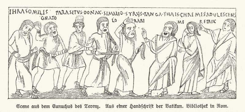 Scène uit Eunuchus (De Eunuch), komedie van de Romeinse toneelschrijver Terentius door German School