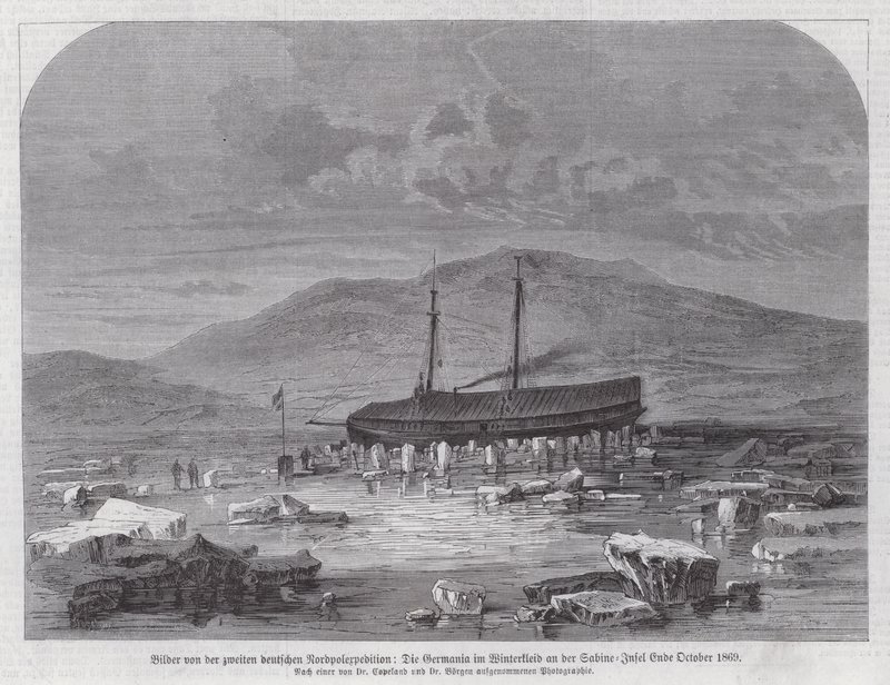 Schoener Germania bij Sabine Island aan de oostkust van Groenland, tweede Duitse Noordpool Expeditie, eind oktober 1869 door German School